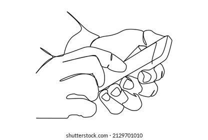 Continuous one line drawing of hand holding phone or smartphone. Modern Vector illustration design of smart mobile technology theme. Editable stroke