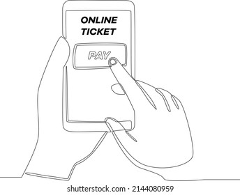 Continuous one line drawing of Hand using smartphone to buy and pay online ticket. Single line draw design vector graphic illustration.