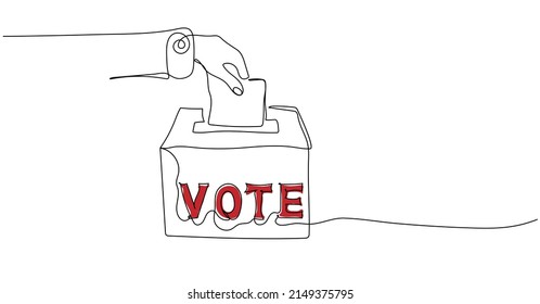 Continuous one line drawing of hand putting or inserting voting paper in the ballot box. Minimalist linear design. Vote concept. Trendy vector illustration