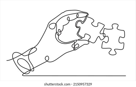 Continuous one line drawing of hand and puzzle. Business matching - connecting puzzle elements.  Puzzle game symbol and iconic business metaphor for problem solving, solution and strategy.
