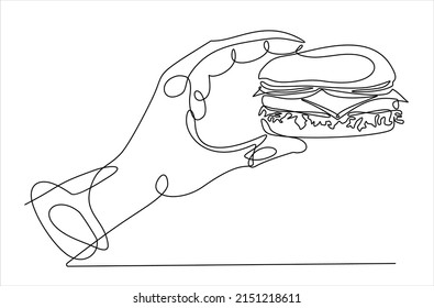 Continuous One Line Drawing Of Hand Holding A Burger. Hamburger Or Sandwich Outline Sketch. Fast Food Concept. Vector Illustration.