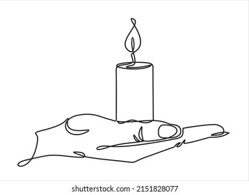 Continuous one line drawing hand holding burning candle  Human hands holding memory candle  Melting wax candle in left hand  Vector minimalism design isolated white background