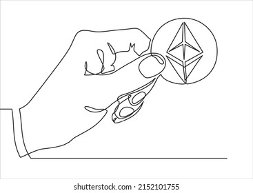 Continuous one line drawing hand holding ethereum. Time to invest in cryptocurrencies, investments. flat vector linear illustration on a white background. 