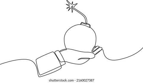 Una línea continua dibujando mano sosteniendo una bomba con fusible.  Ilustración gráfica vectorial de diseño de líneas simples.