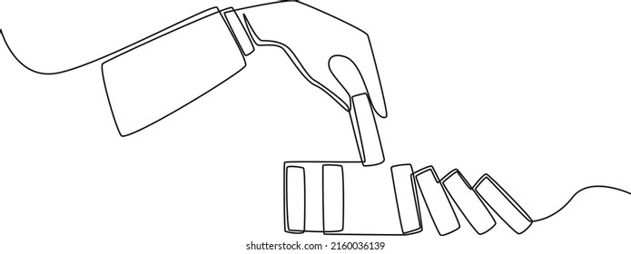 Continuous one line drawing The hand lays down one domino so that another domino does not fall. Stop domino effect of market . Single line draw design vector graphic illustration.