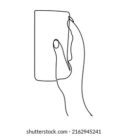 Dibujo continuo de una línea de una mano sosteniendo un teléfono o smartphone. Teléfono móvil, tecnología, gadget, comunicación, dispositivo, teléfono, pantalla, electrónica, mano, smartphone, vector de palma