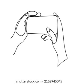 Dibujo continuo de una línea de una mano sosteniendo un teléfono o smartphone. Teléfono móvil, tecnología, gadget, comunicación, dispositivo, teléfono, pantalla, electrónica, mano, smartphone, vector de palma