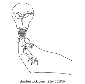 Continuous one line drawing hand holding plant inside Lightbulb  in one line drawing. Concept of Eco energy and environmental friendly sources. Can used for logo, emblem, slide show and banner. 