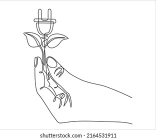 Kontinuierliche Zeichnung der Hand, die Sprout und Stecker hält, wie eine Pflanze. Sparen Sie Energiekonzept im minimalistischen Stil. Vektorgrafik