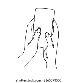 Continuous one line drawing of a hand holding a phone or smartphone. Mobile phone, technology, gadget, communication, device, telephone, display, electronic, hand, smartphone