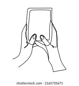 Dibujo continuo de una línea de una mano sosteniendo un teléfono o smartphone. Teléfono móvil, tecnología, gadget, comunicación, dispositivo, teléfono, pantalla, electrónica, mano, smartphone, vector de palma