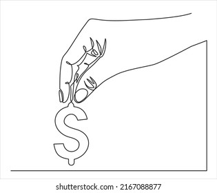 Continuous one line drawing of hand picking dollar sign. Thin line image of woman hand holding money concept. Vector illustration for banner, template, poster, infographics, business web, app.