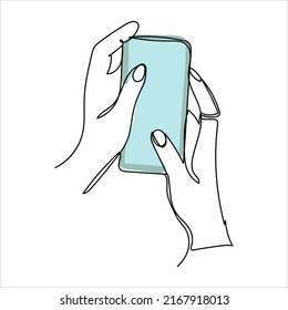 Continuous one line drawing of a hand holding a phone or smartphone. Mobile phone, technology, gadget, communication, device, telephone, display, electronic, hand, smartphone, palm Vector