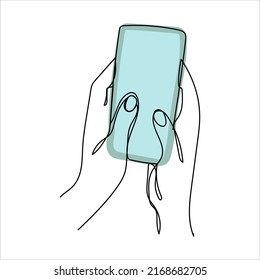 Dibujo continuo de una línea de una mano sosteniendo un teléfono o smartphone. Teléfono móvil, tecnología, gadget, comunicación, dispositivo, teléfono, pantalla, electrónica, mano, smartphone, vector de palma