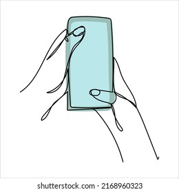 Continuous one line drawing of a hand holding a phone or smartphone. Mobile phone, technology, gadget, communication, device, telephone, display, electronic, hand, smartphone, palm