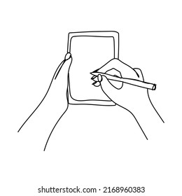 Dibujo continuo de una línea de una mano sosteniendo un teléfono o smartphone. Teléfono móvil, tecnología, gadget, comunicación, dispositivo, teléfono, pantalla, electrónica, mano, smartphone, palma