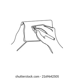 Continuous one line drawing of a hand holding a phone or smartphone. Mobile phone, technology, gadget, communication, device, telephone, display, electronic, hand, smartphone, palm