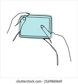 Continuous one line drawing of a hand holding a phone or smartphone. Mobile phone, technology, gadget, communication, device, telephone, display, electronic, hand, smartphone, palm Vector