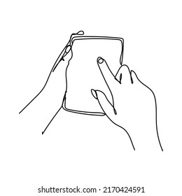 Continuous one line drawing of a hand holding a phone or smartphone. Mobile phone, technology, gadget, communication, device, telephone, display, electronic, hand, smartphone, palm Vector