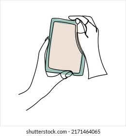 Continuous one line drawing of a hand holding a phone or smartphone. Mobile phone, technology, gadget, communication, device, telephone, display, electronic, hand, smartphone, palm Vector