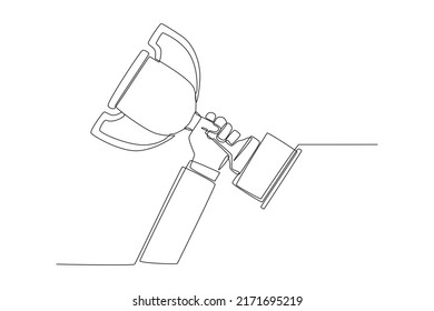 Continuous one line drawing Hand man holding trophy in competition. Business success concept. Single line draw design vector graphic illustration.