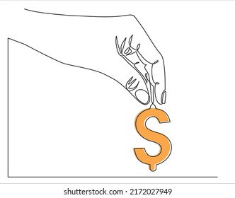 Continuous one line drawing of hand picking dollar sign. Thin line image of woman hand holding money concept. Vector illustration for banner, template, poster, infographics, business web, app.