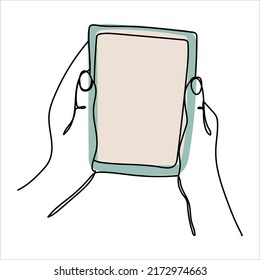 Dibujo continuo de una línea de una mano sosteniendo un teléfono o smartphone. Teléfono móvil, tecnología, gadget, comunicación, dispositivo, teléfono, pantalla, electrónica, mano, smartphone, vector de palma