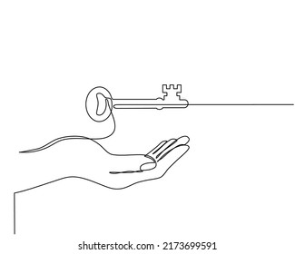 Continuous one line drawing of hand holding key concept. Real estate lock icon. Success keys, solutions, opportunities and safety concept in doodle style.