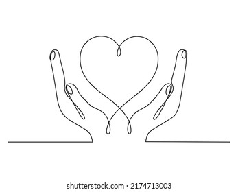 Una línea continua dibujando la mano sosteniendo el corazón. Concepto lineal de donación de caridad. Vector aislado en blanco.