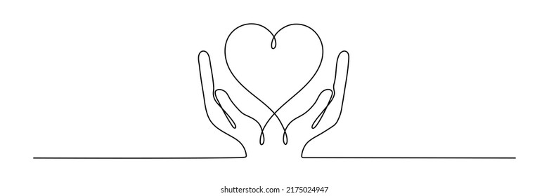 Continuous one line drawing hand holding heart. Charity donation linear symbol. Vector isolated on white. - Shutterstock ID 2175024947