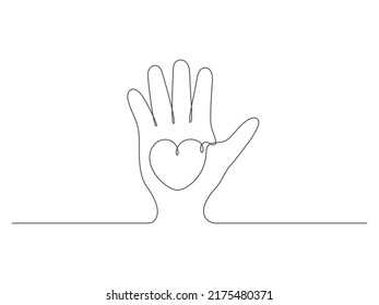 Continuous one line drawing hand holding heart. Charity donation linear concept. Vector isolated on white.