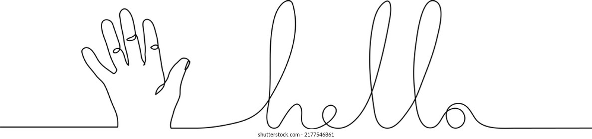 Continuous one line drawing of hand waving gesture with text Hello. Gesture concept. Minimal line art.