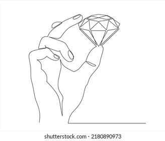 Continuous one line drawing of Hand holding a brilliant, diamond. Can used for logo, emblem, slide show and banner.One line vector illustration.