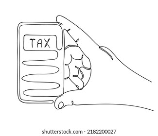 Continuous One Line drawing of Hand and calculator. Calculation of Tax debt. Cost calculating. Budget planning. Problem or Finance crisis. Payment of taxes. Invoices for payment. Sketch, vector