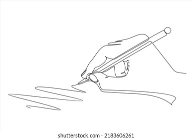 Continuous one line drawing of hand writing minimalism style. Fingers holding ink pen or pencil to draw or write on paper.