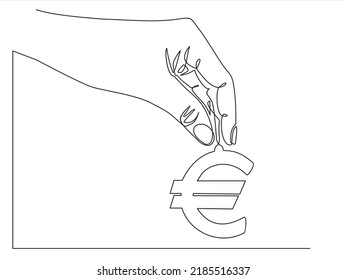 Continuous one line drawing of hand picking euro sign. Thin line image of woman hand holding money concept. Vector illustration for banner, template, poster, infographics, business web, app.