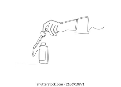 Continuous one line drawing hand with a dropper take a drop of serum in a vial. Skin care concept. Vector graphics illustration of single line drawing design. Skin care concept. Single line draw desi