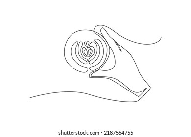Continuous one line drawing hand of barista hold coffee latte art in coffee cup. International coffee day concept. Single line draw design vector graphic illustration.