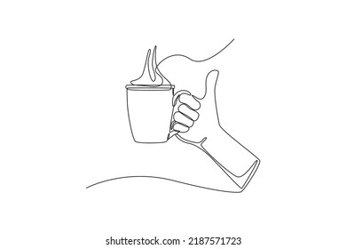 Eine fortlaufende Zeichenkette hält eine Kaffeetasse. Internationales Kaffeetag-Konzept. Einzeilige Zeichnung, Vektorgrafik.