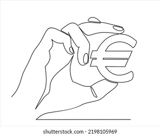 Continuous one line drawing of hand picking euro sign. Thin line image of woman hand holding money concept. Vector illustration for banner, template, poster, infographics, business web, app.