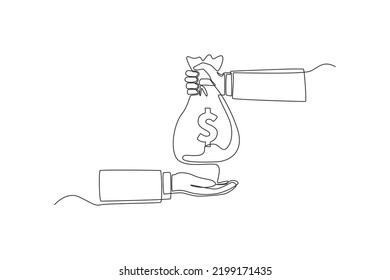 Continuous one line drawing Hand with bag giving money to another hand. Wealth and prosperity concept. Single line draw design vector graphic illustration.