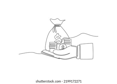 Continuous one line drawing hand holding money bag with gold coins. Wealth and prosperity concept. Single line draw design vector graphic illustration.