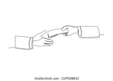 Continuous One Line Drawing Hand Receives Money From The Other Hand. Wealth And Prosperity Concept. Single Line Draw Design Vector Graphic Illustration.