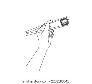 Continuous one line drawing of Hand Holding Japanese Sushi Roll. Hand with chopsticks holds sushi roll line art drawing vector illustration.