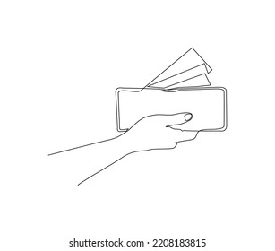 Continuous One Line Drawing Of Hand Wallet With The Money. Wallet Line Art Drawing Vector Illustration. 