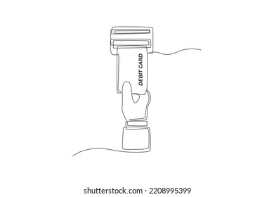 Mano de dibujo continua de una línea inserte su tarjeta de débito en el cajero automático. El concepto de cajero automático. Ilustración gráfica vectorial de diseño de líneas simples.