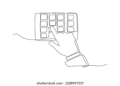 Continuous one line drawing hand pressing pin at the ATM. ATM machine concept. Single line draw design vector graphic illustration.