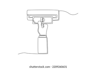 Una línea continua dibujando mano a mano tomando dinero en efectivo del cajero automático. El concepto de cajero automático. Ilustración gráfica vectorial de diseño de líneas simples.