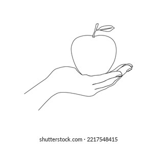 Continuous one line drawing of hand holding apple fruit. Simple apple fruit on hand line art vector design.