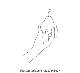 Continuous one line drawing of hand holding pear. Pear fruit line art drawing vector design.